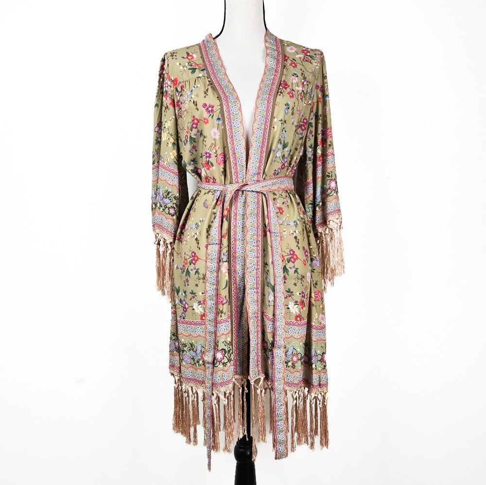 🦋LAST🦋NWT Tulle & Batiste Phoenix Short Fringed Robe, Golden Olive, Size S/M